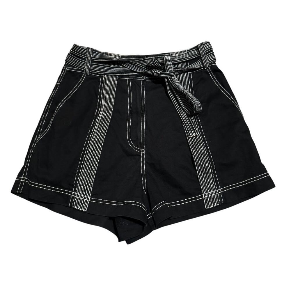 Ulla Johnson Gavin Belted Cotton Twill Shorts Black Contrast Stitch Size 6 - Picture 2 of 6
